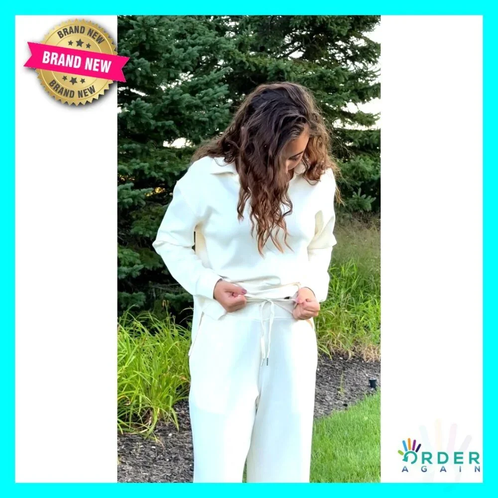 Sporty Polo Collar Sweatsuit Set Loose Fit Wide Leg Pants Lounge Wear